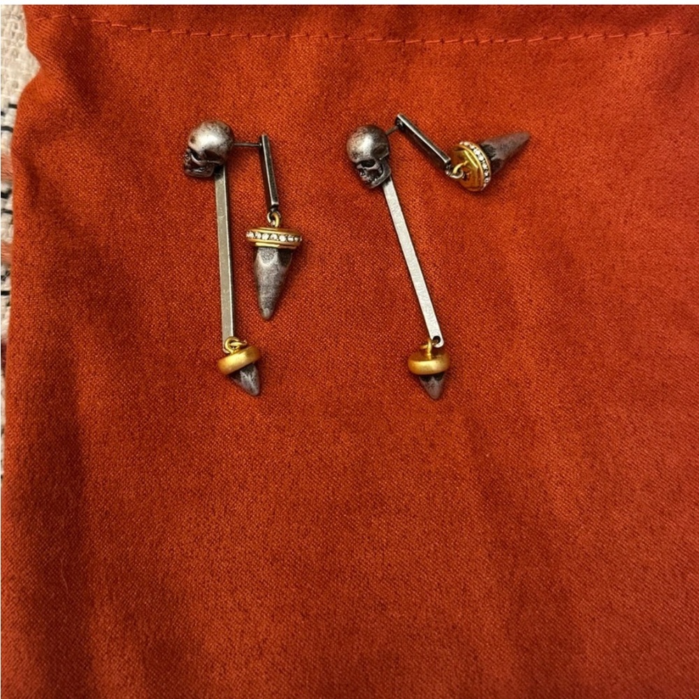 Alexander McQueen Silver Skull Drop Earrings with Gold Accents